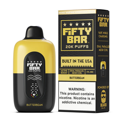 Fifty Bar Black series butterbean disposable vape device and packaging on a white background