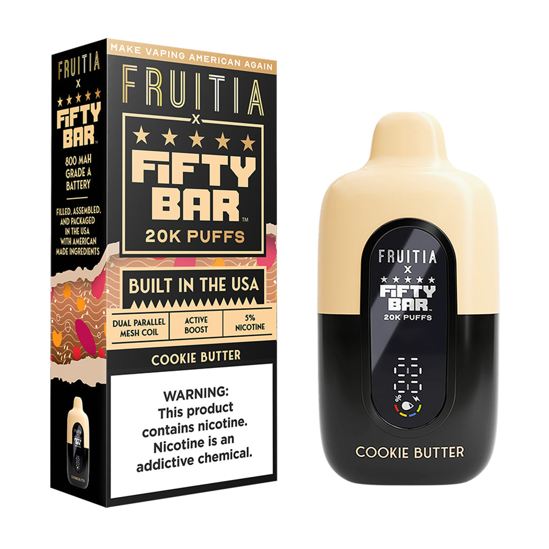 Fifty Bar x Fruitia cookie butter disposable vape device and packaging on a white background