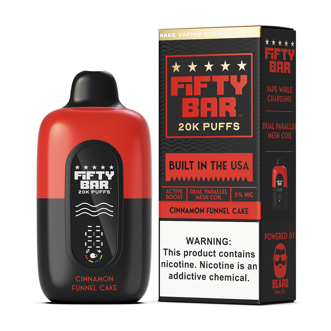 Fifty Bar Black Series cinnamon funnel cake disposable vape device and packaging on a white background
