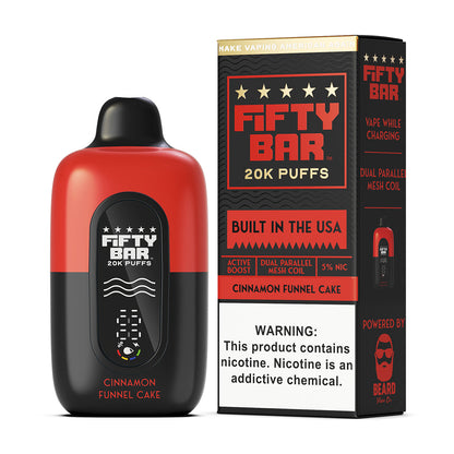 Fifty Bar Black Series cinnamon funnel cake disposable vape device and packaging on a white background
