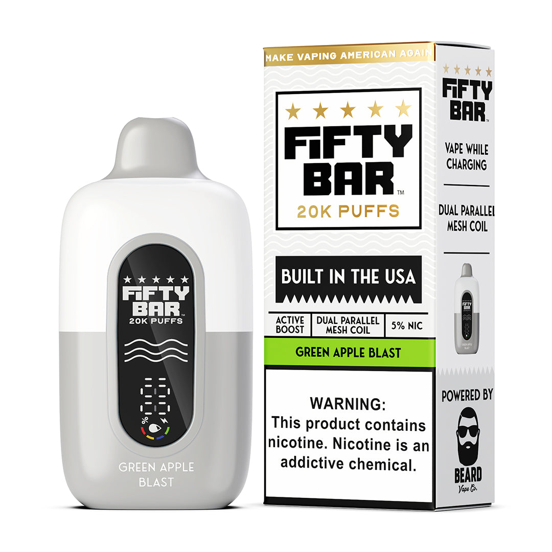 Fifty Bar Black Series green apple blast disposable vape device and packaging on a white background