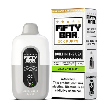 Fifty Bar Black Series green apple blast disposable vape device and packaging on a white background