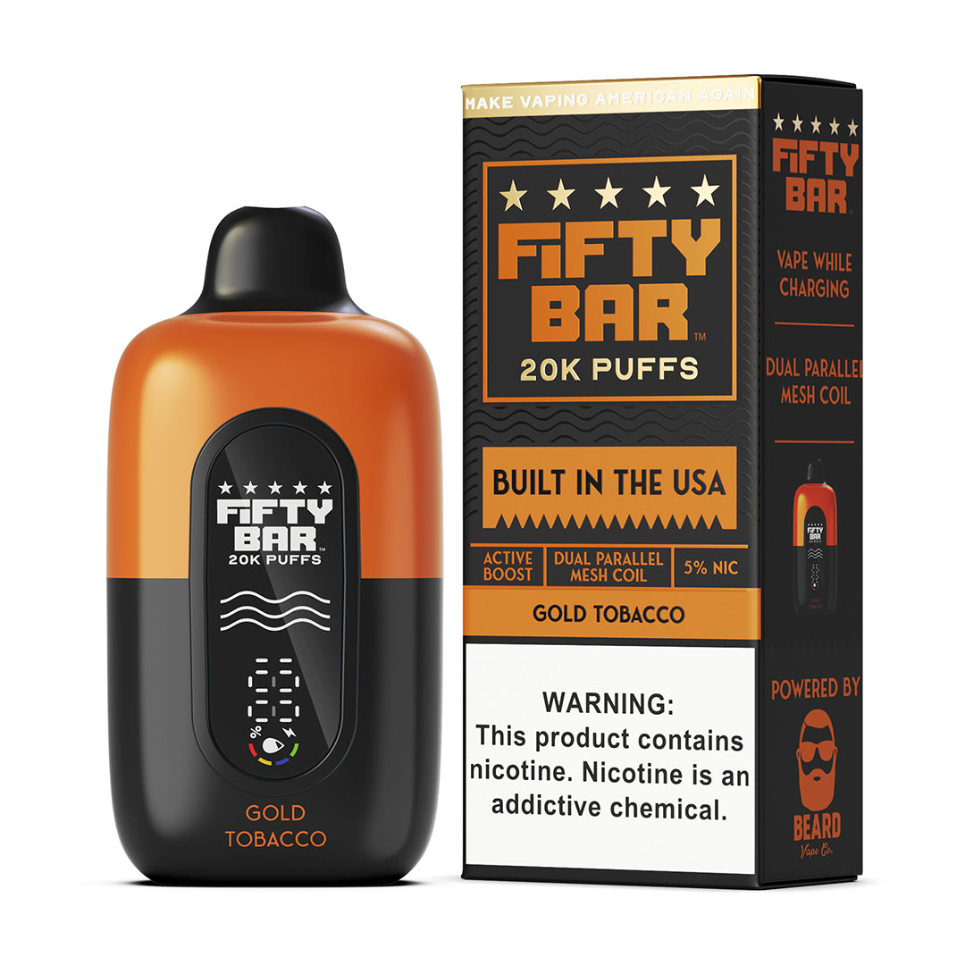 Fifty Bar Black Series gold tobacco disposable vape device and packaging on a white background