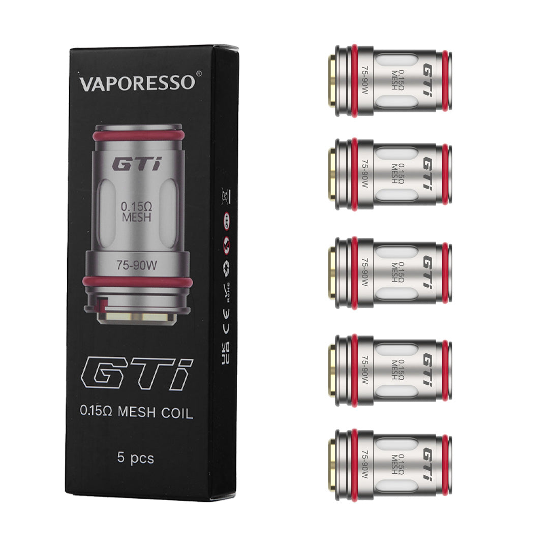 Vaporesso GTi Coils 0.2Ω and 0.15Ω 5-pack with packaging on a white background