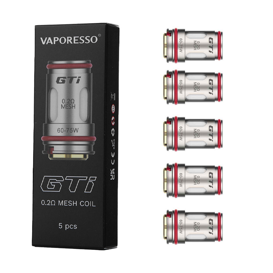 Vaporesso GTi Coils 0.2Ω and 0.15Ω 5-pack with packaging on a white background