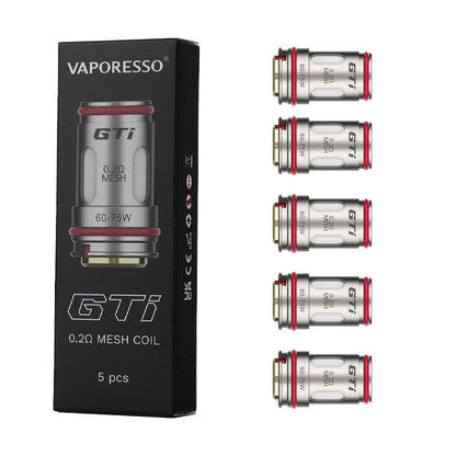 Vaporesso GTi Coils 0.2Ω and 0.15Ω 5-pack with packaging on a white background