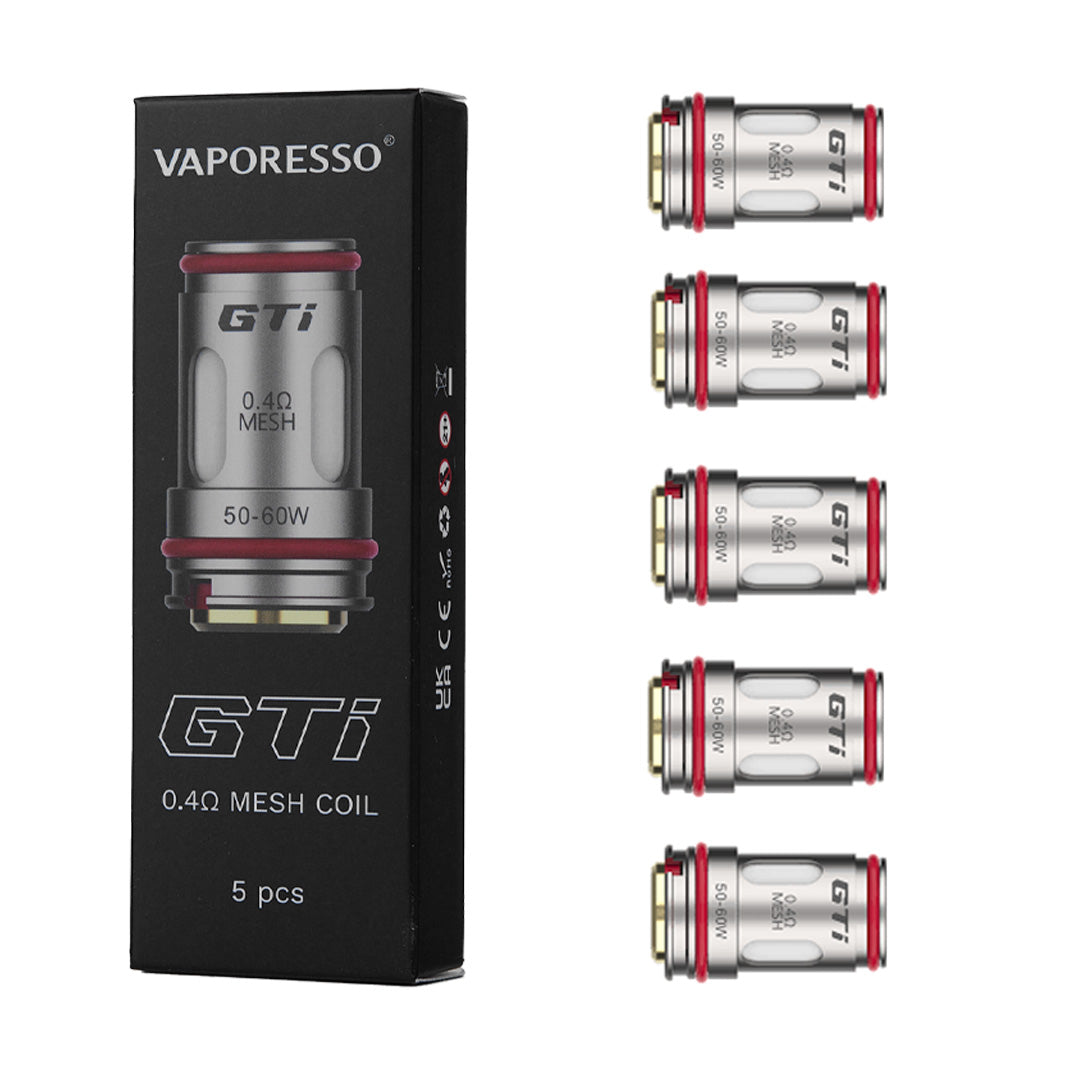 Vaporesso GTi Coils 0.2Ω and 0.15Ω 5-pack with packaging on a white background