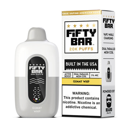 Fifty Bar Black Series gummy whip disposable vape device and packaging on a white background