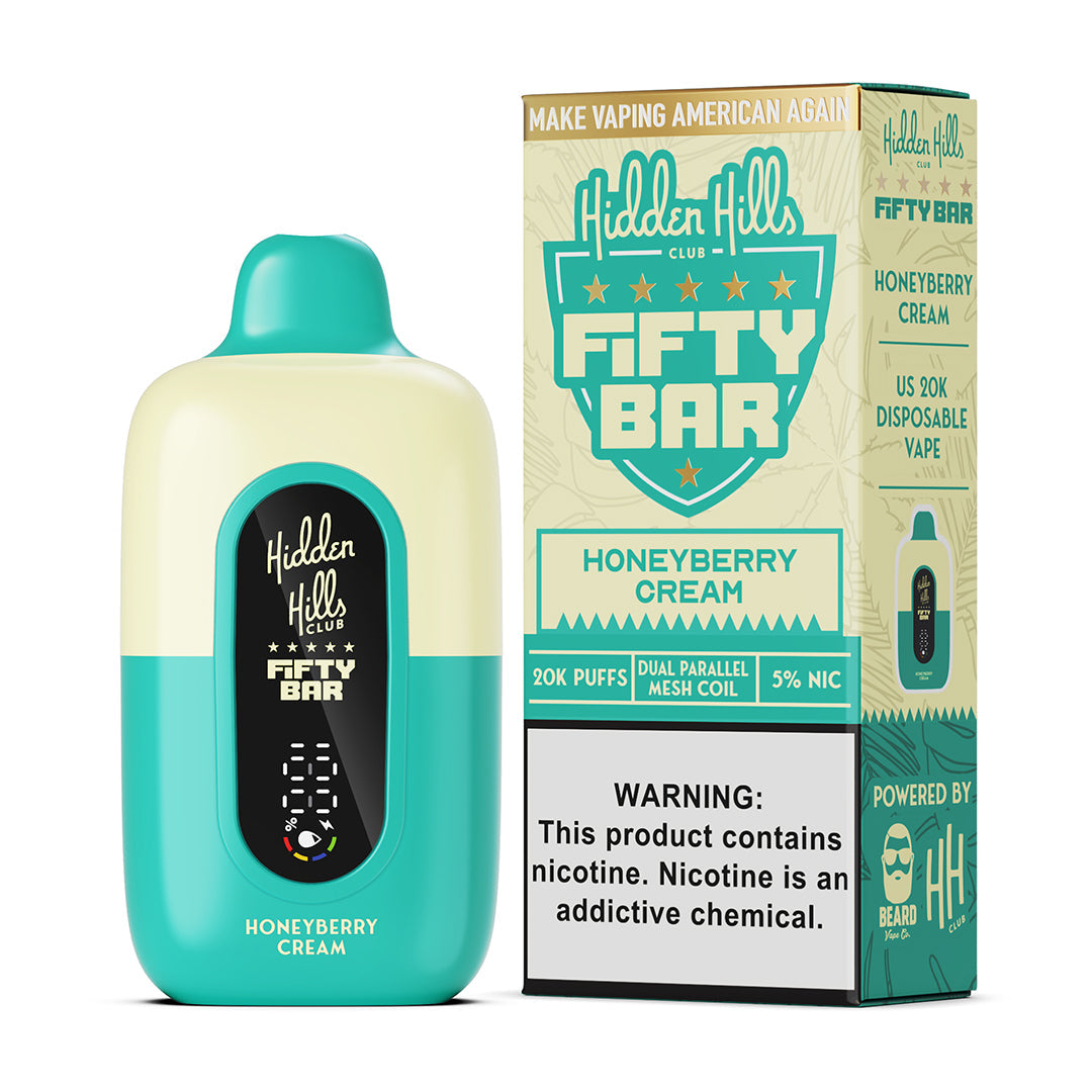 Fifty Bar x Hidden Hills honeyberry cream disposable vape device and packaging on a white background