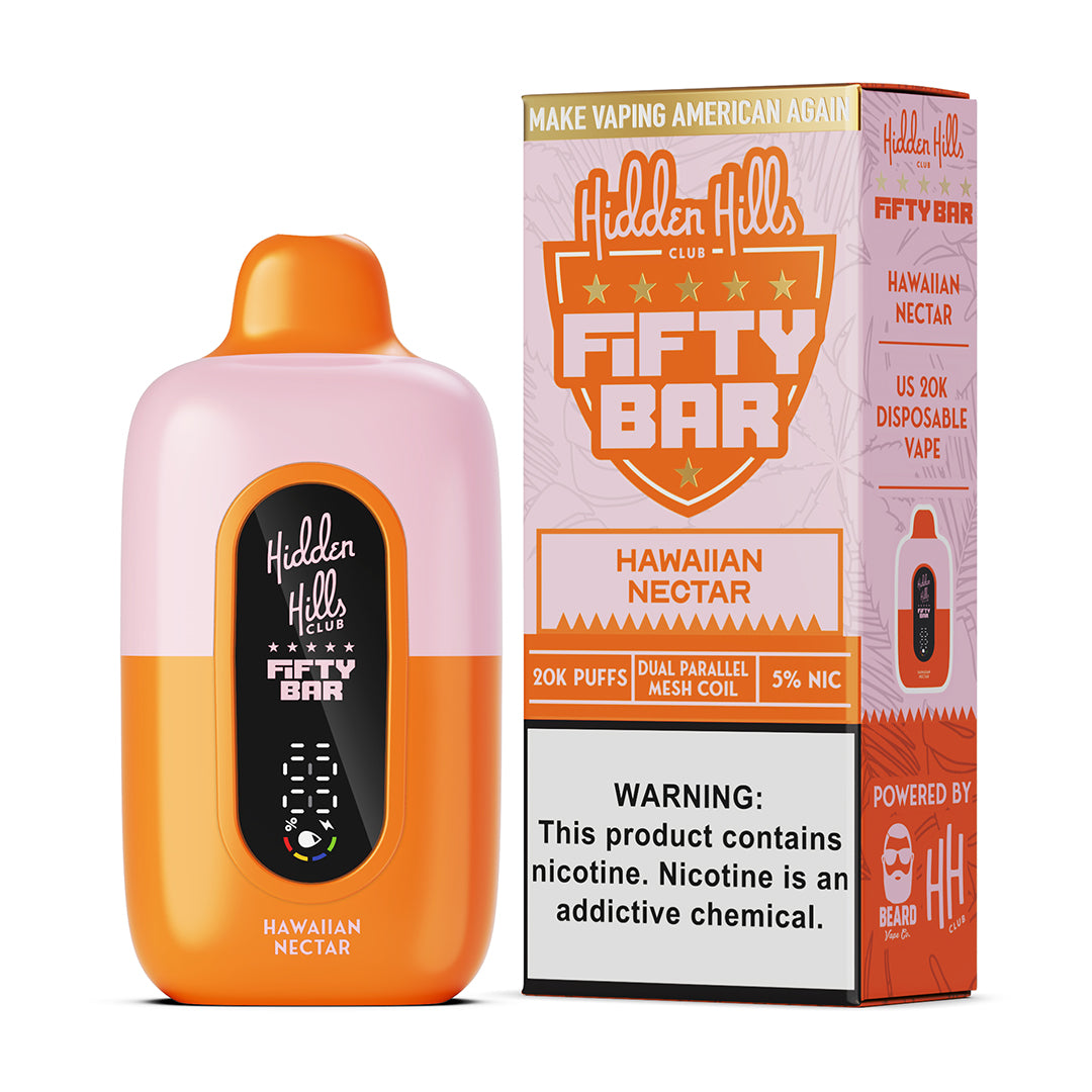 Fifty Bar x Hidden Hills hawaiian nectar disposable vape device and packaging on a white background