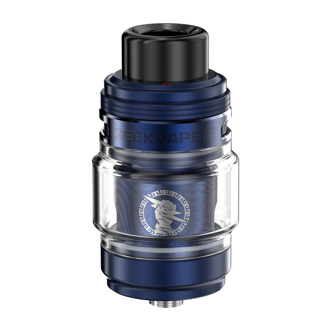 Blue and clear Geekvape vaping device on a white background