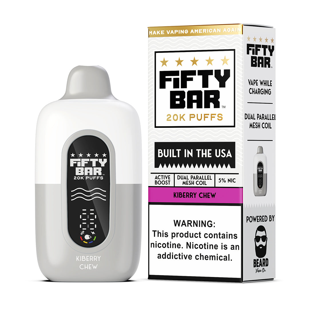 Fifty Bar Black Series kiberry chew disposable vape device and packaging on a white background