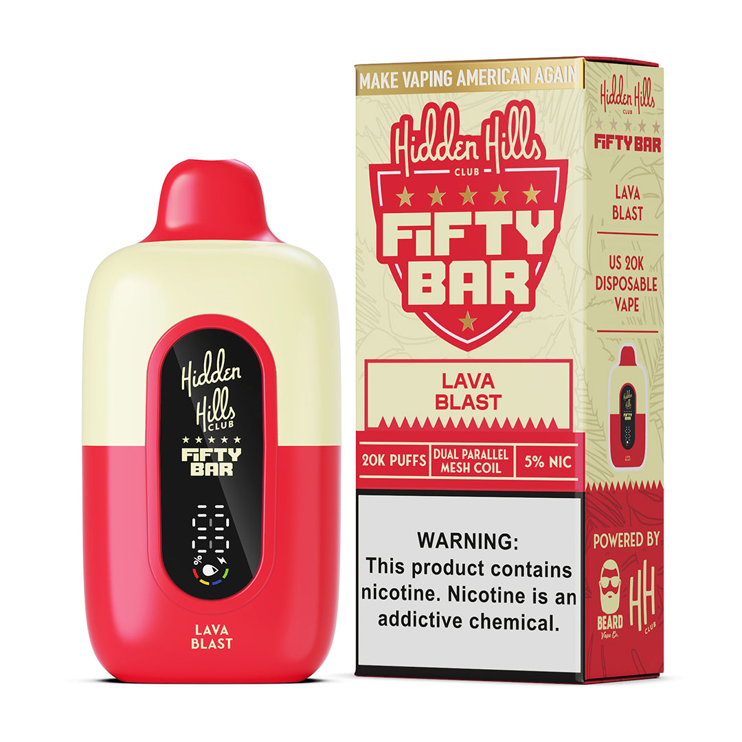 Fifty Bar x Hidden Hills lava blast disposable vape device and packaging on a white background