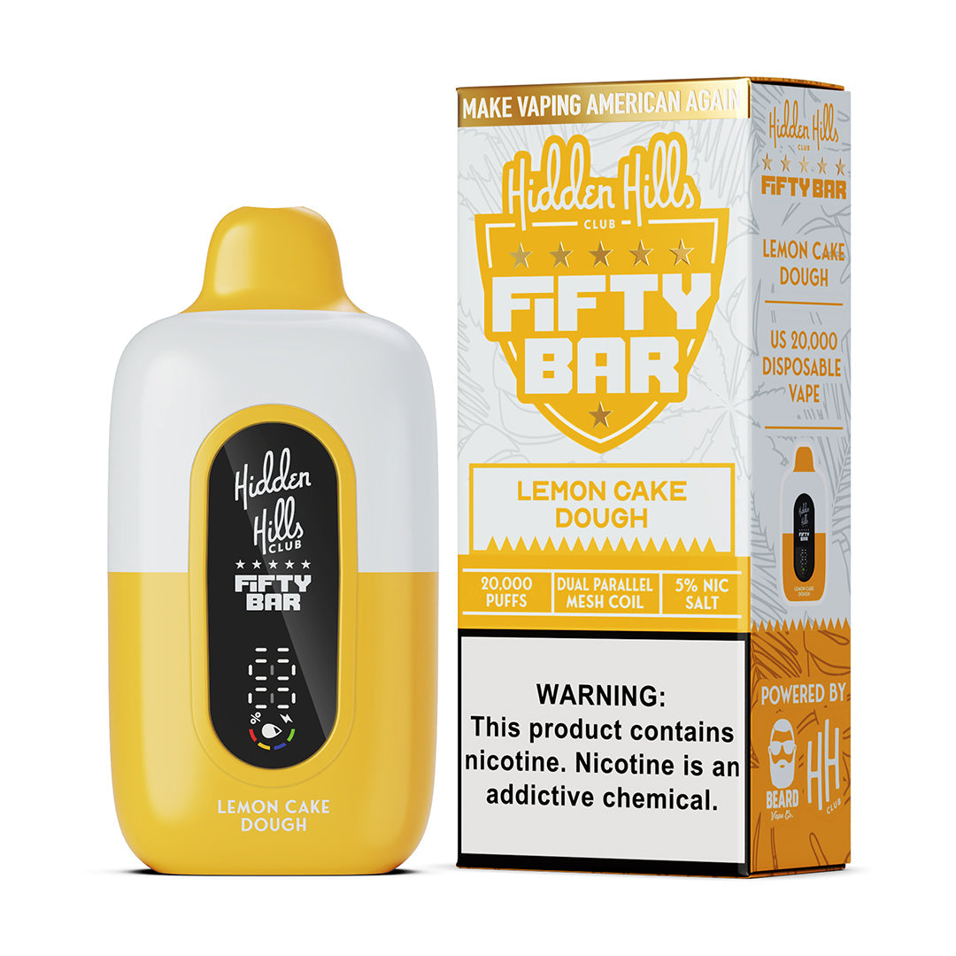 Fifty Bar x Hidden Hills lemon cake dough disposable vape device and packaging on a white background