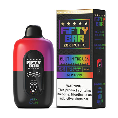 Fifty Bar Black Series milky loops disposable vape device and packaging on a white background