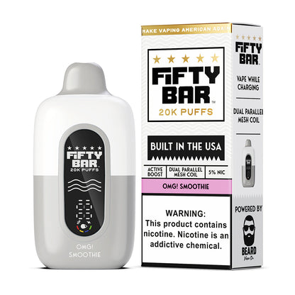 Fifty Bar Black Series omg! smoothie disposable vape device and packaging on a white background
