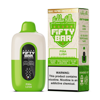 Fifty Bar x Hidden Hills pina lush disposable vape device and packaging on a white background