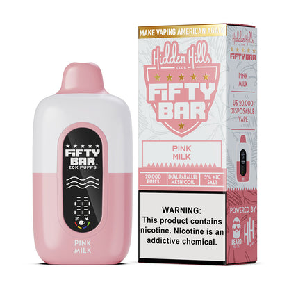 Fifty Bar x Hidden Hills pink milk disposable vape device and packaging on a white background