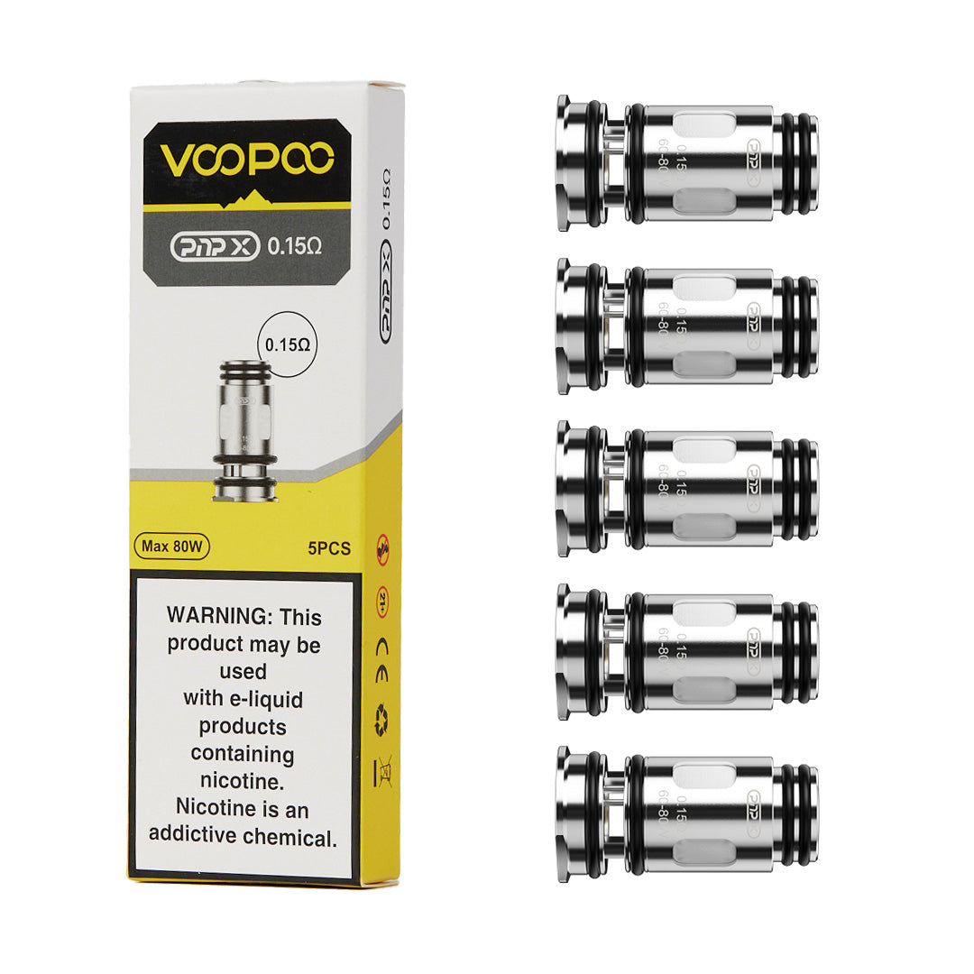 Voopoo PnP-X Mesh Coils in 0.15Ω, 0.2Ω, 0.3Ω, 0.45Ω, 0.6Ω, and 1.0Ω 5-pack with packaging on a white background