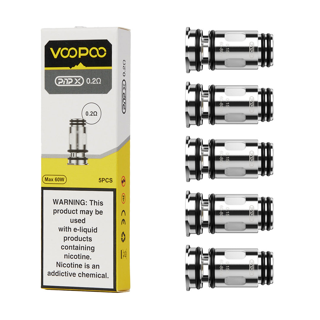 Voopoo PnP-X Mesh Coils in 0.15Ω, 0.2Ω, 0.3Ω, 0.45Ω, 0.6Ω, and 1.0Ω 5-pack with packaging on a white background