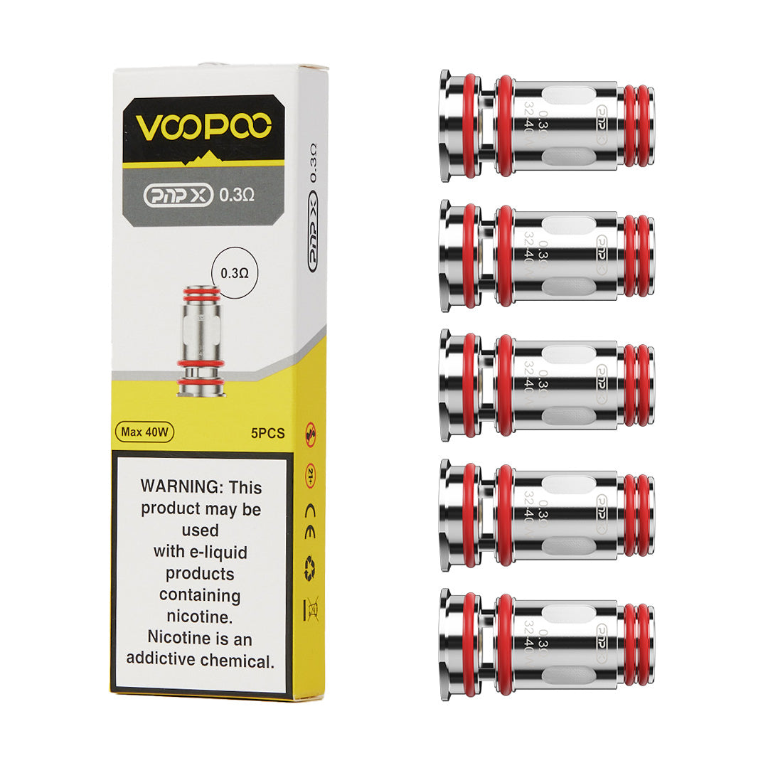 Voopoo PnP-X Mesh Coils in 0.15Ω, 0.2Ω, 0.3Ω, 0.45Ω, 0.6Ω, and 1.0Ω 5-pack with packaging on a white background