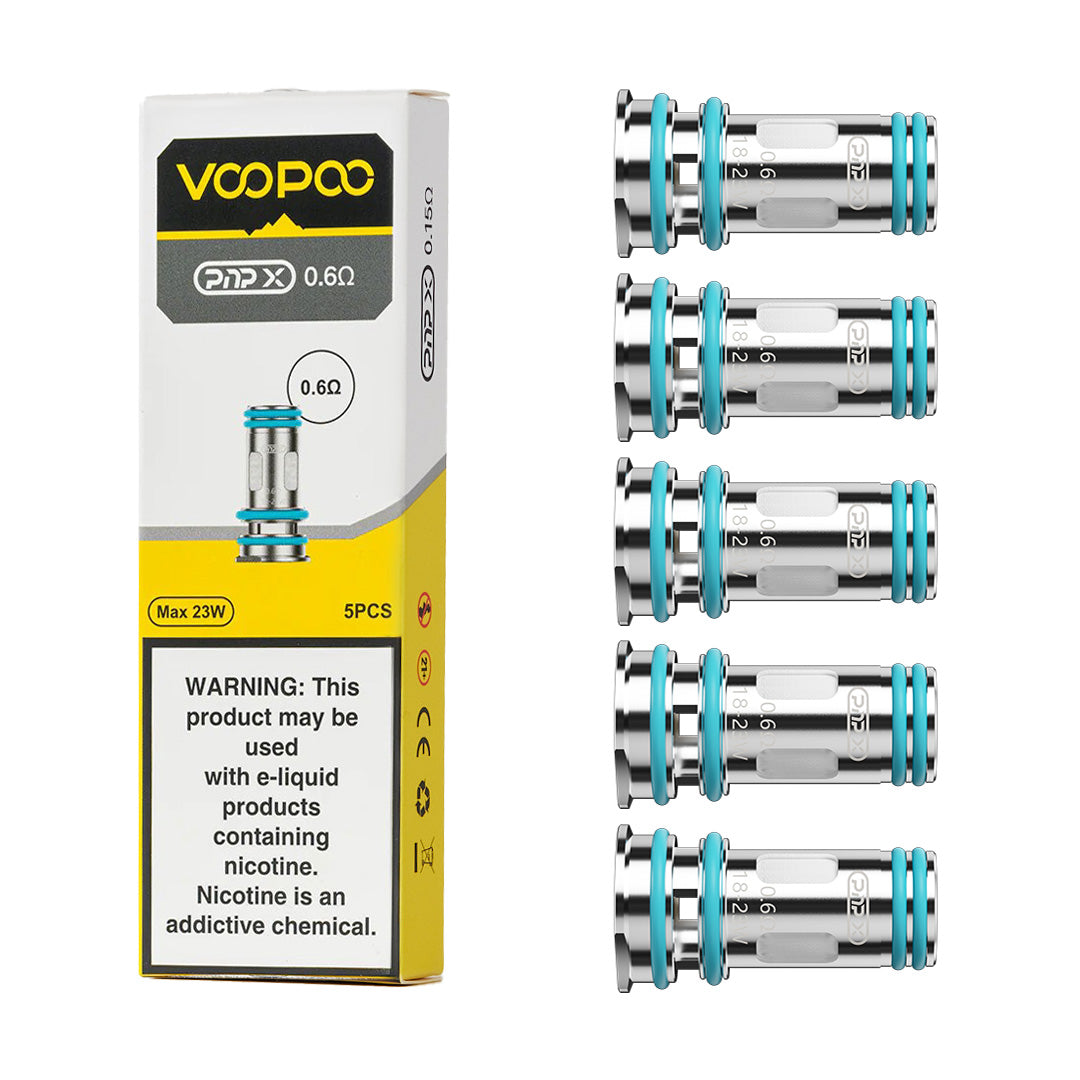 Voopoo PnP-X Mesh Coils in 0.15Ω, 0.2Ω, 0.3Ω, 0.45Ω, 0.6Ω, and 1.0Ω 5-pack with packaging on a white background