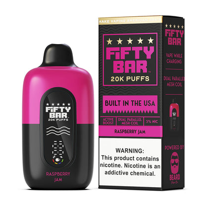 Fifty Bar Black Series raspberry jam disposable vape device and packaging on a white background