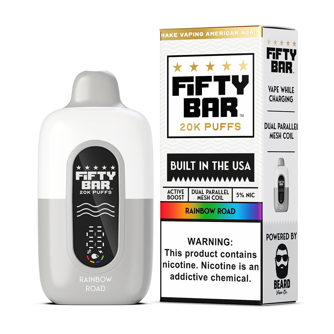 Fifty Bar Black Series rainbow road disposable vape device and packaging on a white background