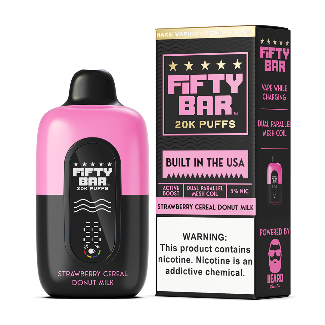 Fifty Bar Black Series strawberry cereal donut milk disposable vape device and packaging on a white background