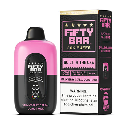 Fifty Bar Black Series strawberry cereal donut milk disposable vape device and packaging on a white background