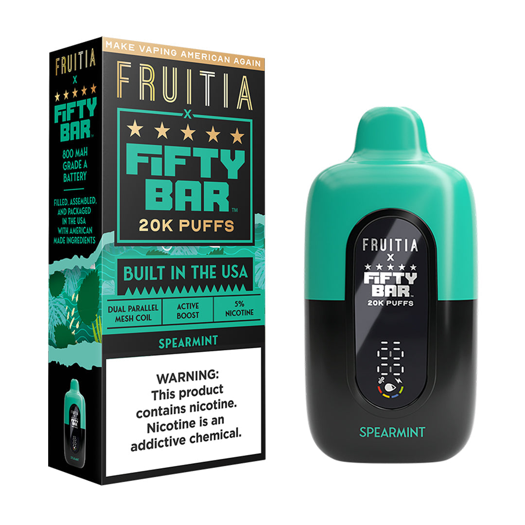 Fifty Bar x Fruitia spearmint disposable vape device and packaging on a white background
