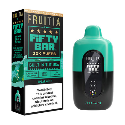 Fifty Bar x Fruitia spearmint disposable vape device and packaging on a white background