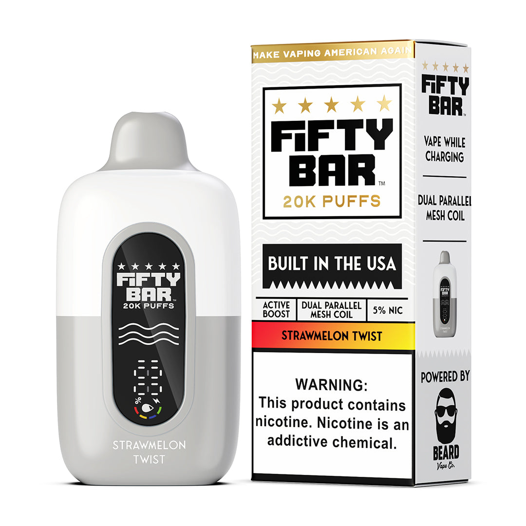 Fifty Bar Black Series strawmelon twist disposable vape device and packaging on a white background