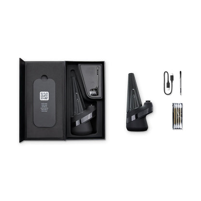 New Puffco Peak updated smart dab rig vaporizer device and packaging on a white background
