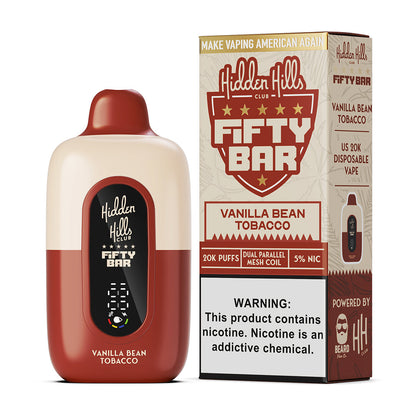 Fifty Bar x Hidden Hills vanilla bean tobacco disposable vape device and packaging on a white background