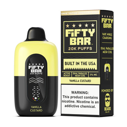 Fifty Bar Black Series vanilla custard disposable vape device and packaging on a white background