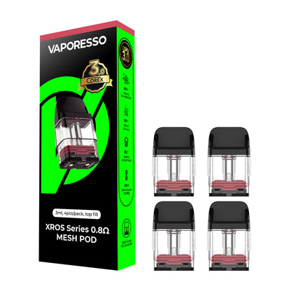 Vaporesso XROS COREX 2.0 and CX3 replacement vape pods and packaging on a white background